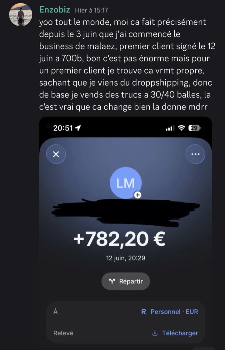 Message d'Enzobiz : virement de 782,20 € pour son premier client, signé le 12 juin après avoir commencé le 3 juin.