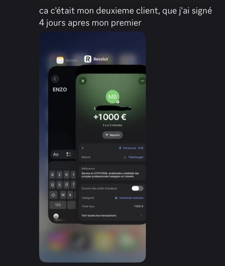 Capture Revolut : virement de 1 000 € pour un service d'amélioration de la crédibilité des comptes professionnels Instagram et LinkedIn.
