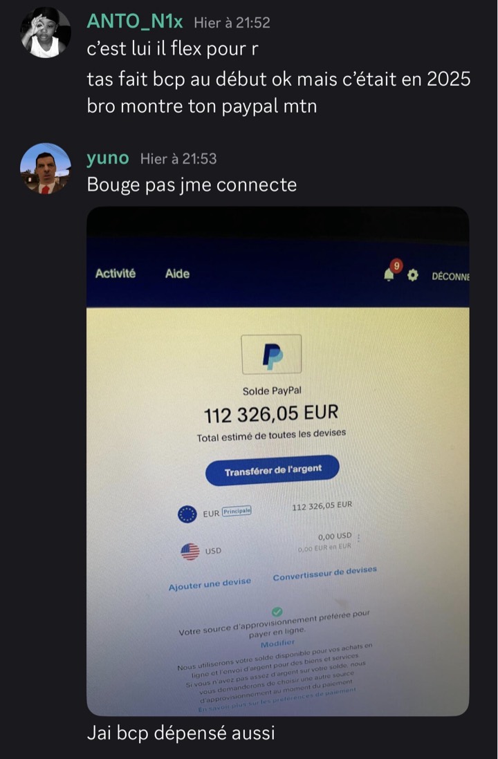 Message de yuno : solde PayPal de 112 326,05 EUR affiché sur un ordinateur.