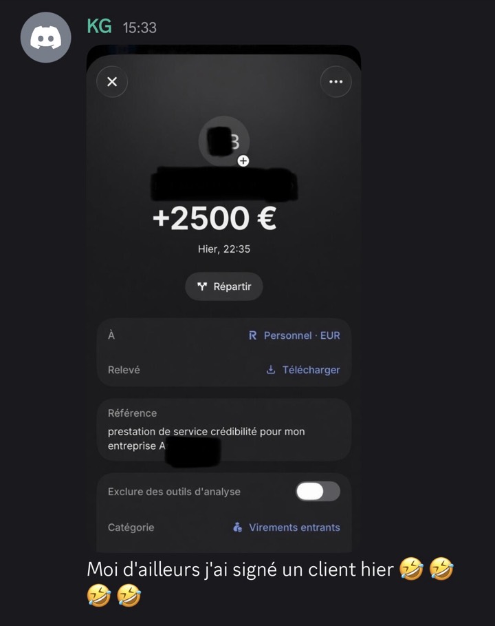Message de KG : virement de 2 500 € pour une prestation de service.
